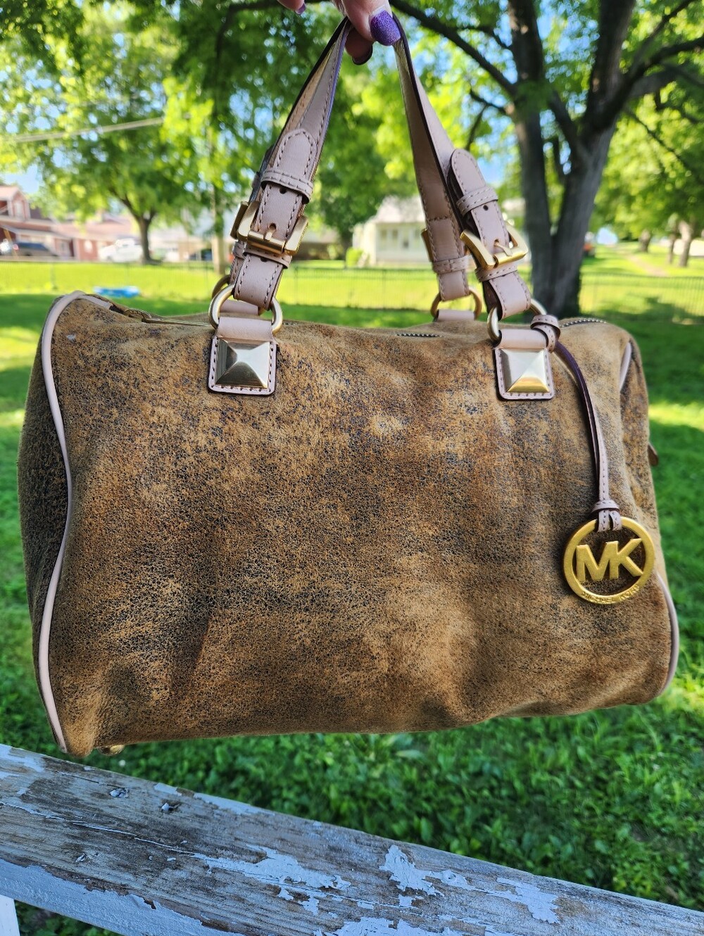 Vintage Michael Kors Edie Distressed Brown Leather Satchel with Gold MK Charm